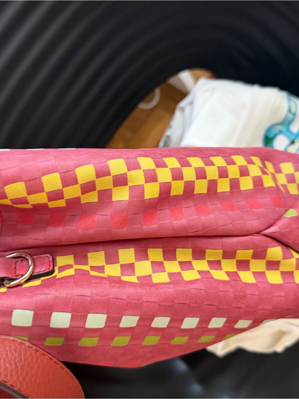 Pink Checkerboard Tote Bag with Yellow Accents